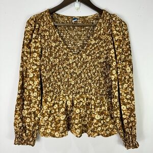 Old‎ Navy Blouse S Yellow Floral Smocked Peplum Boho Cottagecore Prairie Top